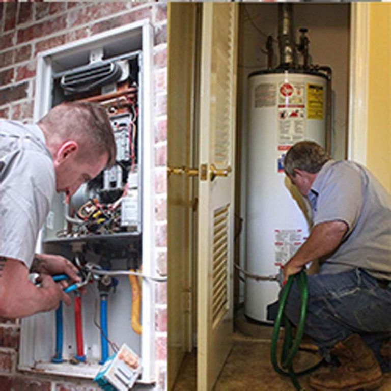 Two technicians repairing a heating system